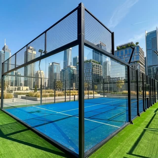 Cancha de pádel Panorámica de césped azul, con vidrios y estructura de acero negra